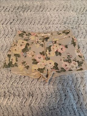 2.1 Denim Floral Jean Shorts — Beige Base with Pink, Yellow & Green Floral Print